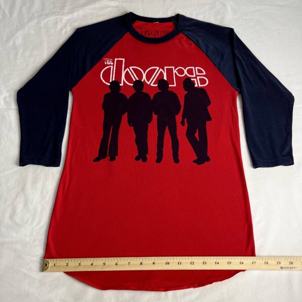 The Doors T-Shirt Top Women Size Small Red/Blue Cotton Blend Crewneck 3/4 Sleeve